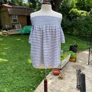 C&C California Over the Shoulder Striped Linen Smocked Top Size S